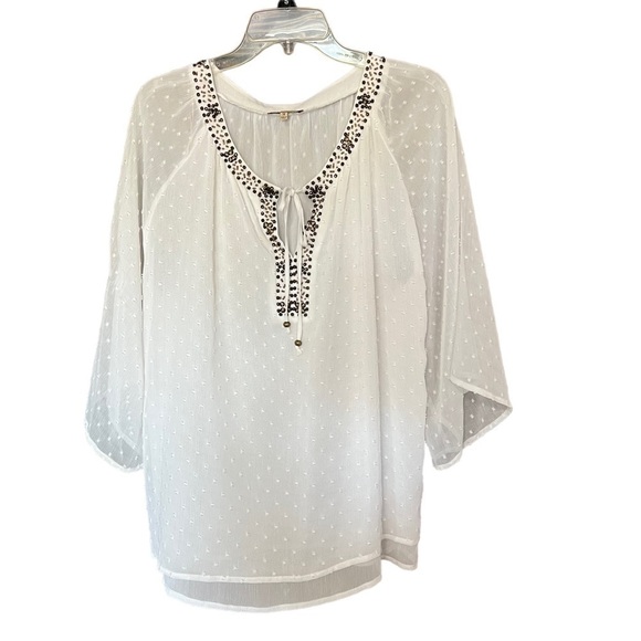 Democracy Peasant Blouse Womens Medium Off Wite Tassel Embroidered Sheer - Picture 1 of 12